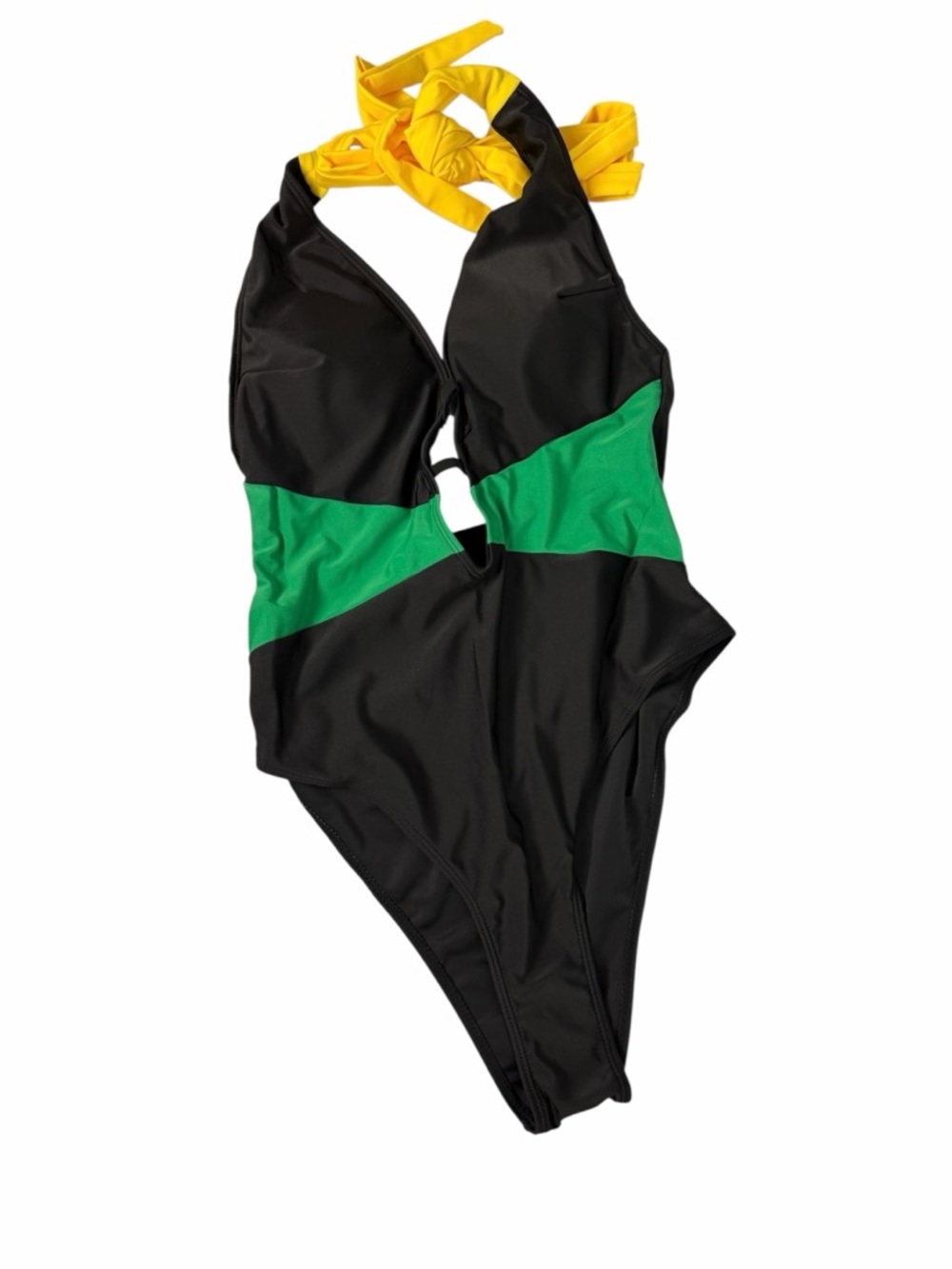 SHEIN Colorblock Cutout One Piece Swimsuit Black Green Yellow Size 0XL NWT